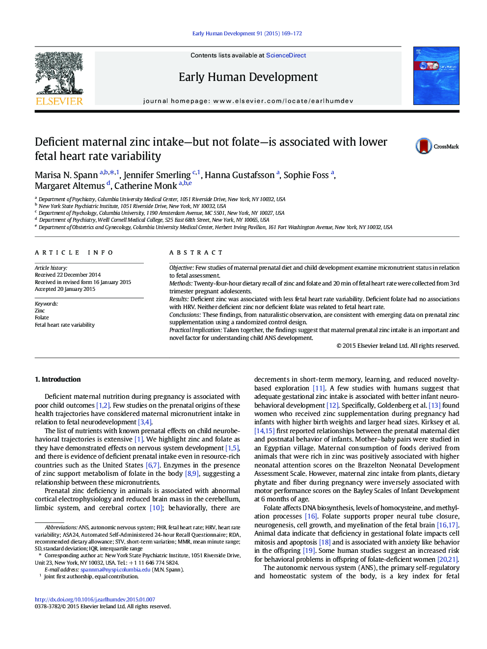 Deficient maternal zinc intake—but not folate—is associated with lower fetal heart rate variability