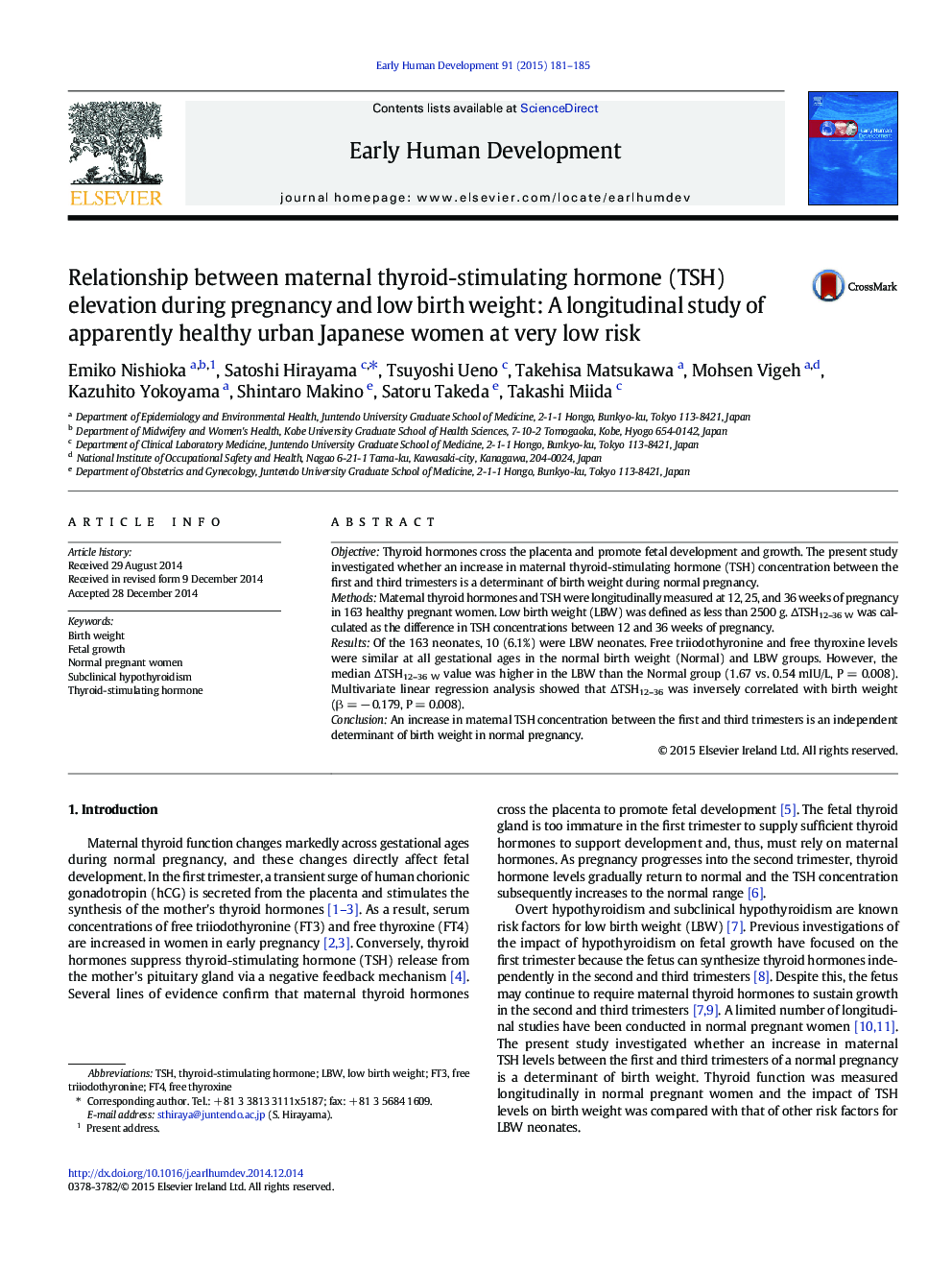 Relationship between maternal thyroid-stimulating hormone (TSH) elevation during pregnancy and low birth weight: A longitudinal study of apparently healthy urban Japanese women at very low risk