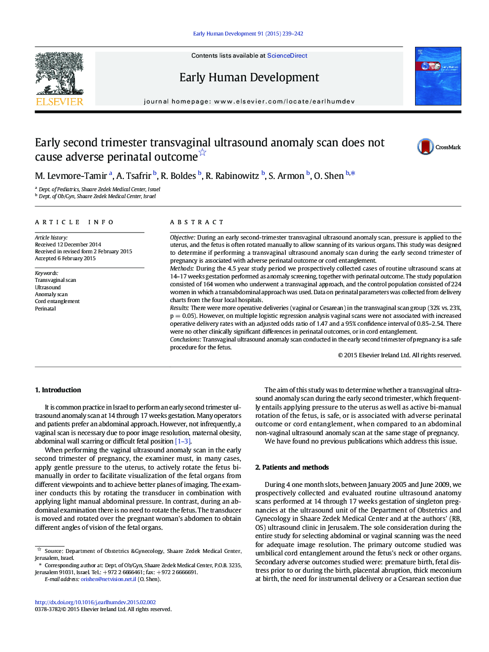 Early second trimester transvaginal ultrasound anomaly scan does not cause adverse perinatal outcome 