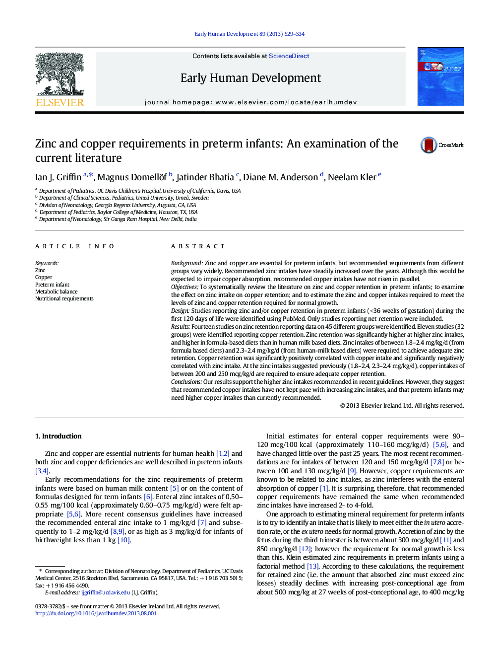 Zinc and copper requirements in preterm infants: An examination of the current literature