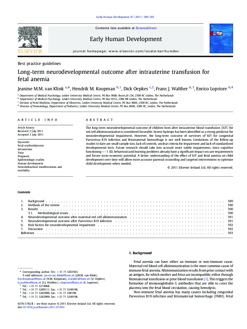 Long-term neurodevelopmental outcome after intrauterine transfusion for fetal anemia