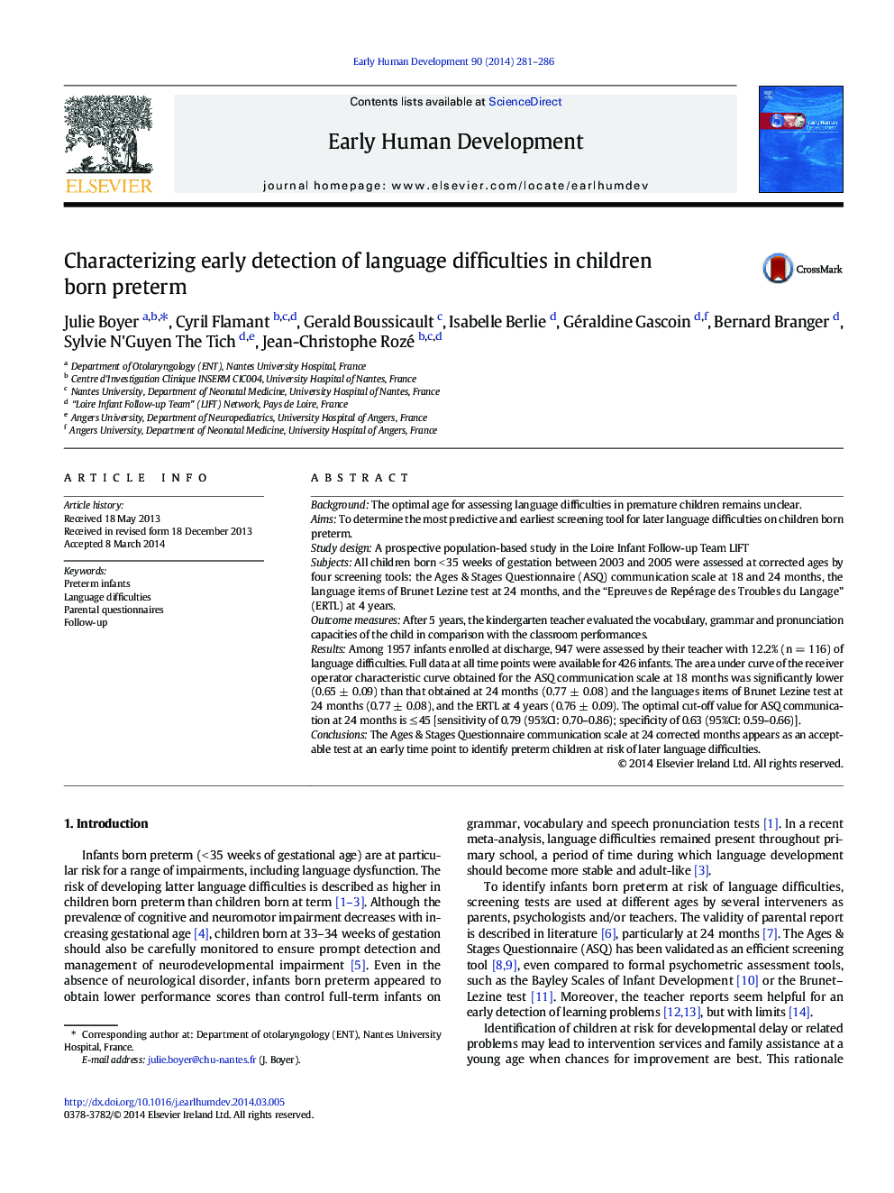 Characterizing early detection of language difficulties in children born preterm