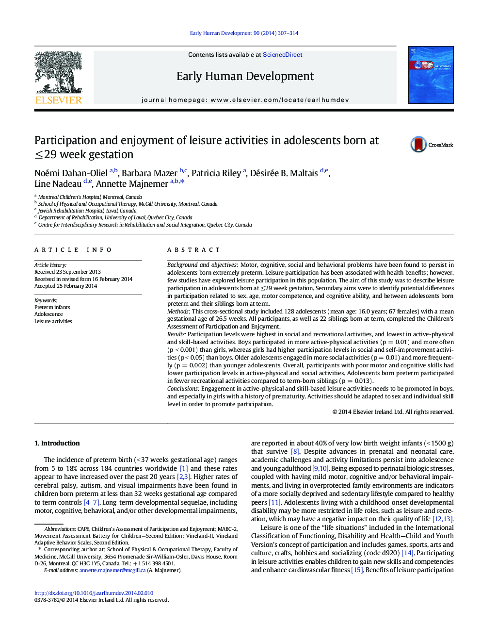 Participation and enjoyment of leisure activities in adolescents born at ≤ 29 week gestation