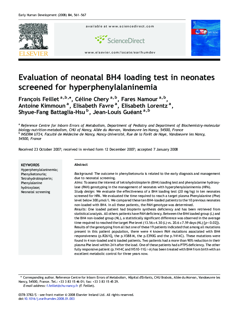 Evaluation of neonatal BH4 loading test in neonates screened for hyperphenylalaninemia