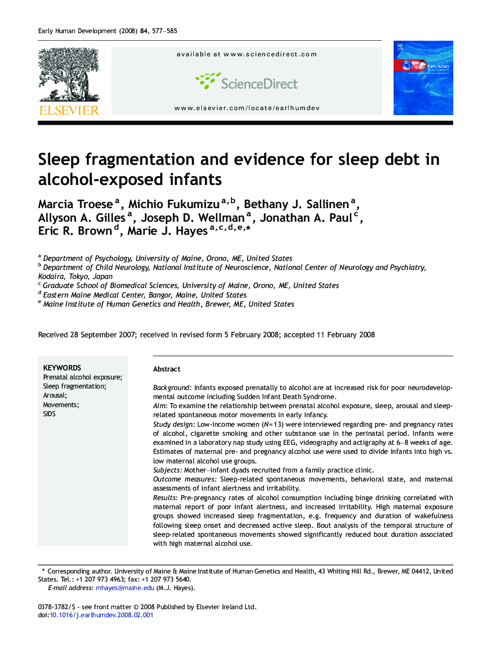 Sleep fragmentation and evidence for sleep debt in alcohol-exposed infants