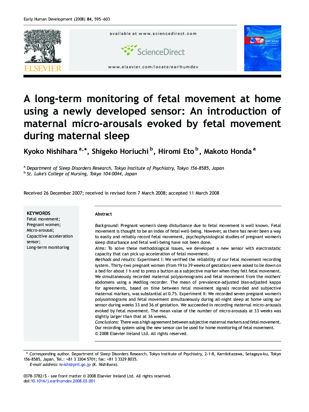 A long-term monitoring of fetal movement at home using a newly developed sensor: An introduction of maternal micro-arousals evoked by fetal movement during maternal sleep