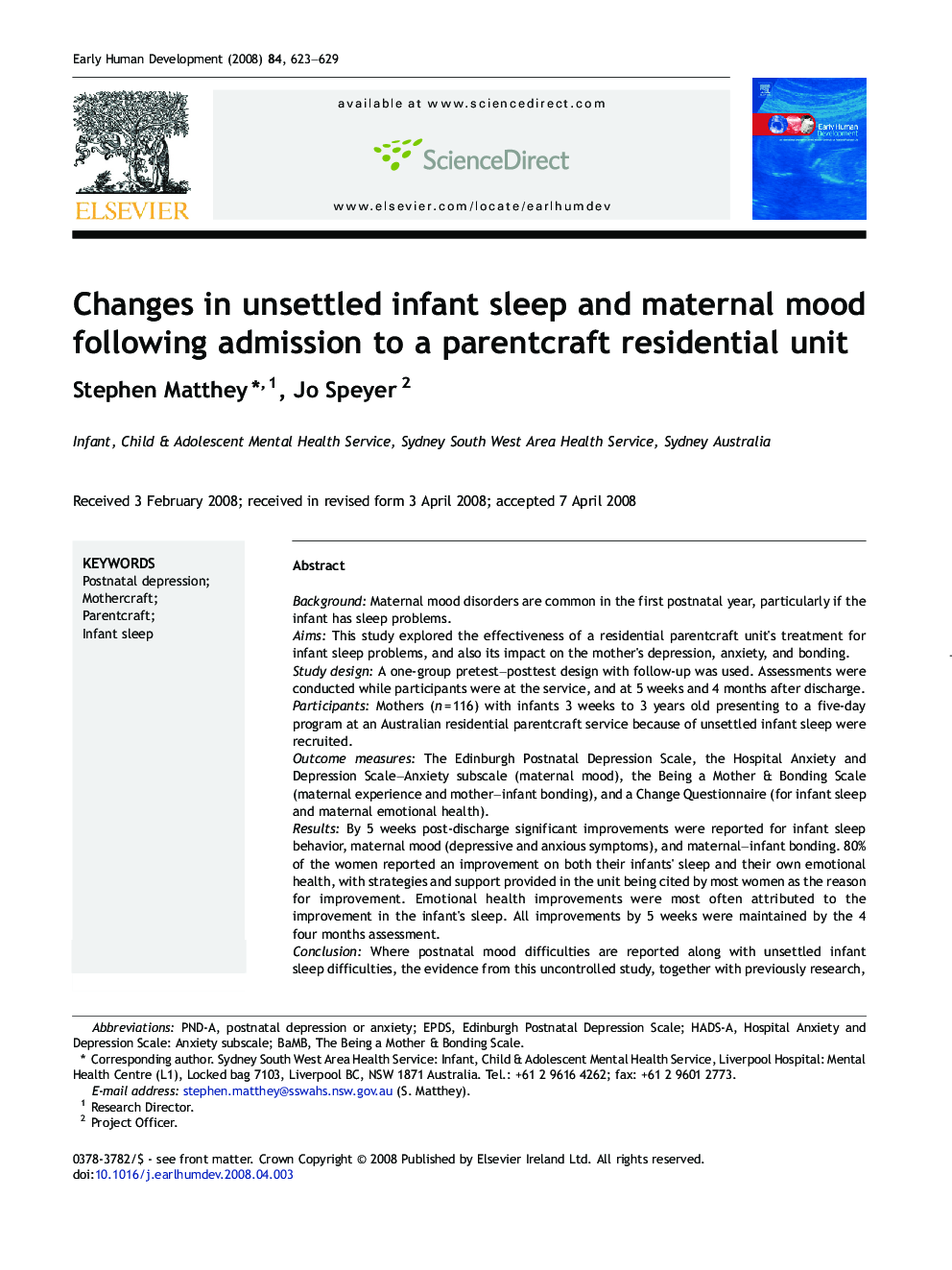 Changes in unsettled infant sleep and maternal mood following admission to a parentcraft residential unit