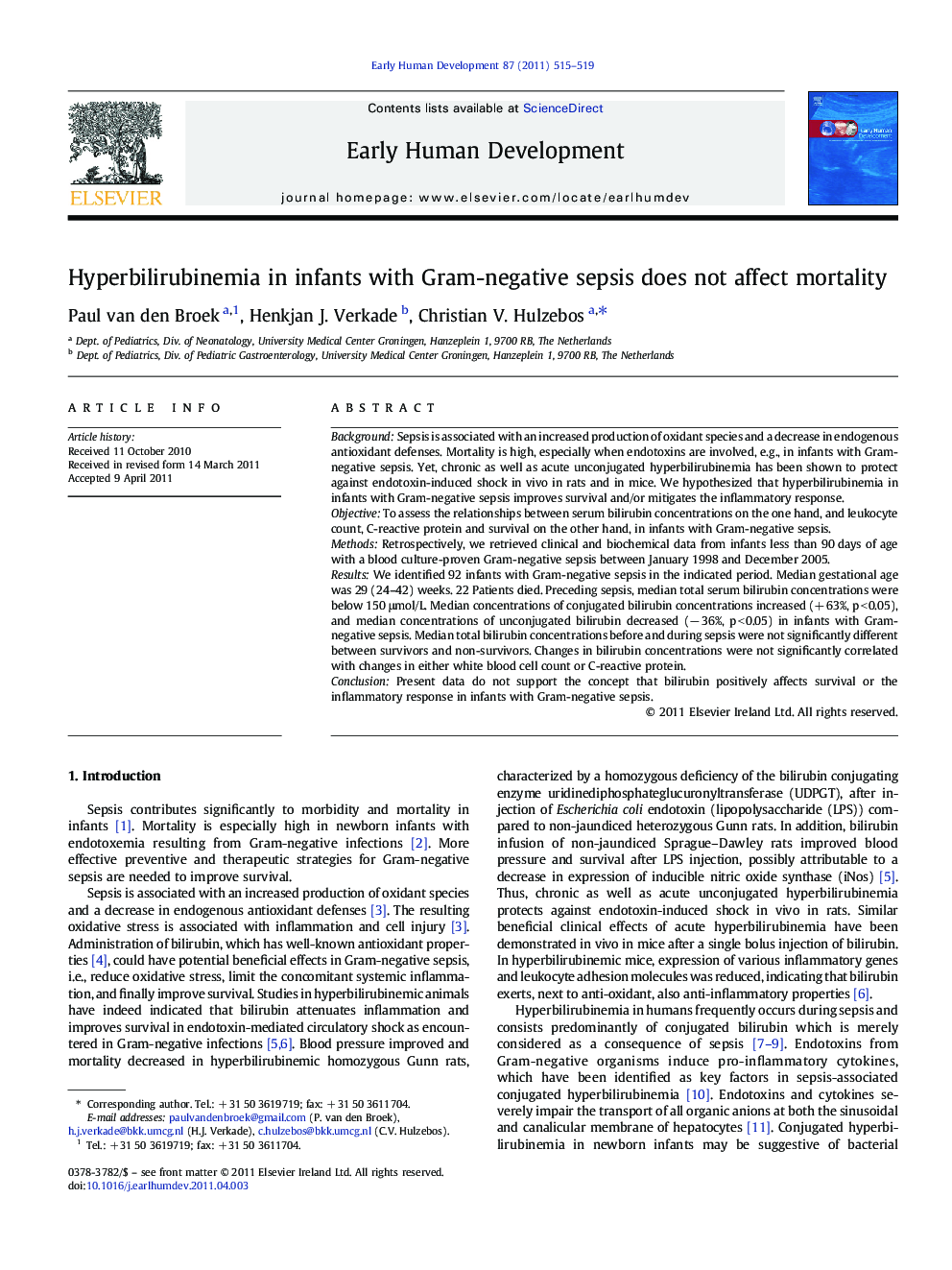 Hyperbilirubinemia in infants with Gram-negative sepsis does not affect mortality