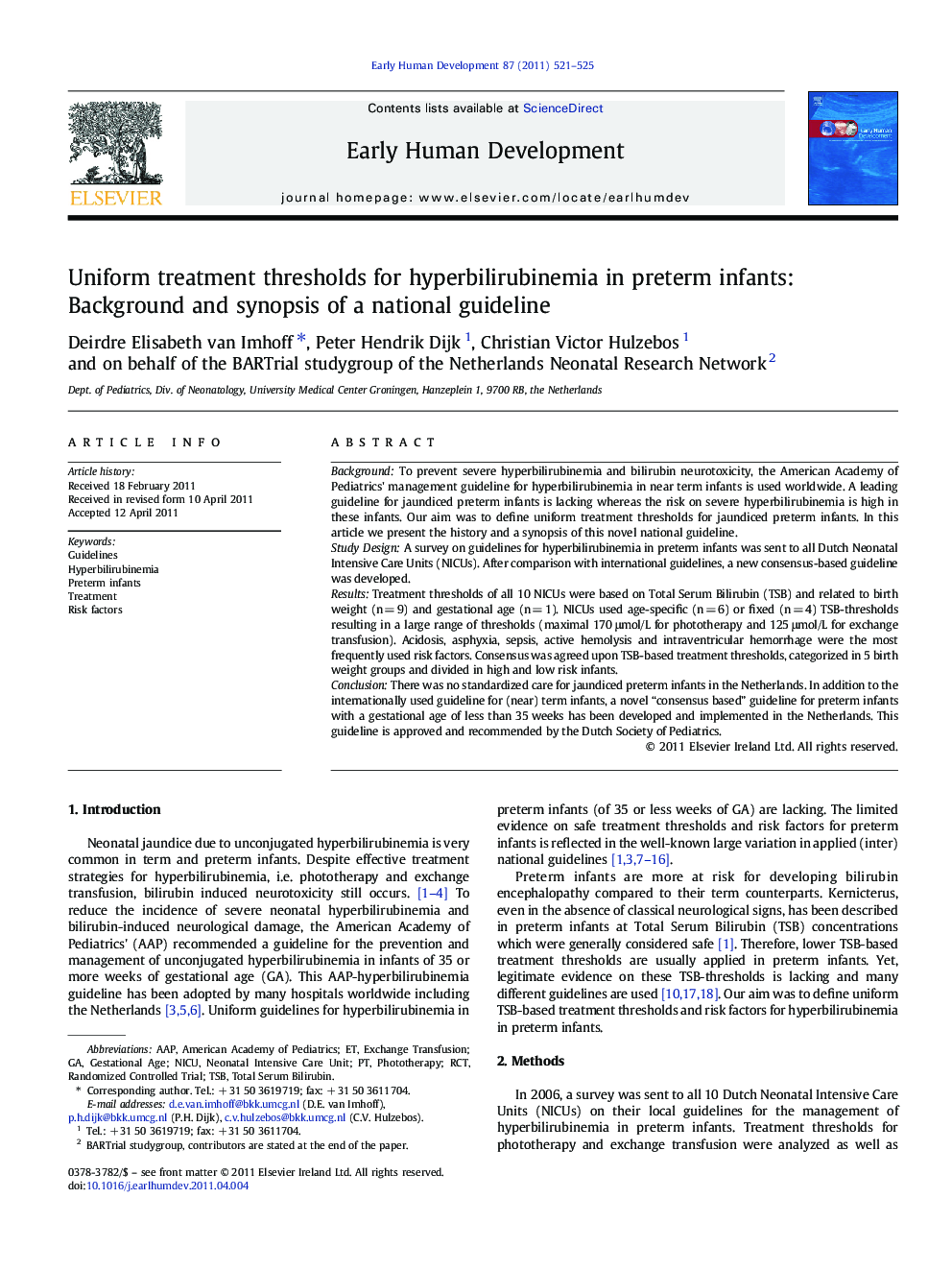 Uniform treatment thresholds for hyperbilirubinemia in preterm infants: Background and synopsis of a national guideline