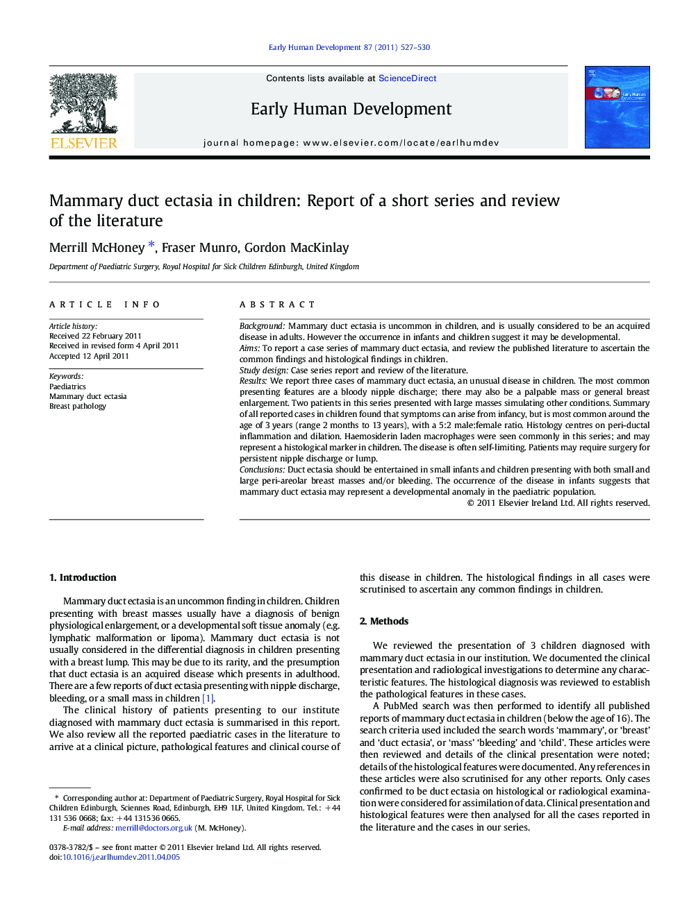 Mammary duct ectasia in children: Report of a short series and review of the literature