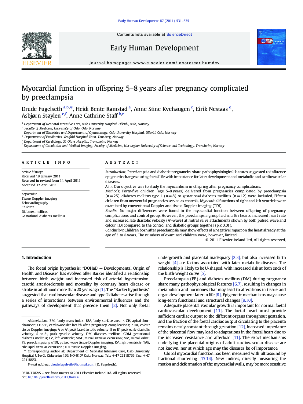 Myocardial function in offspring 5–8 years after pregnancy complicated by preeclampsia