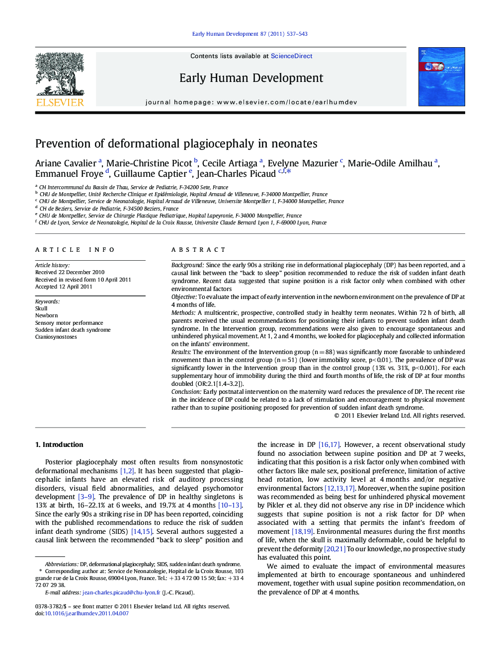 Prevention of deformational plagiocephaly in neonates