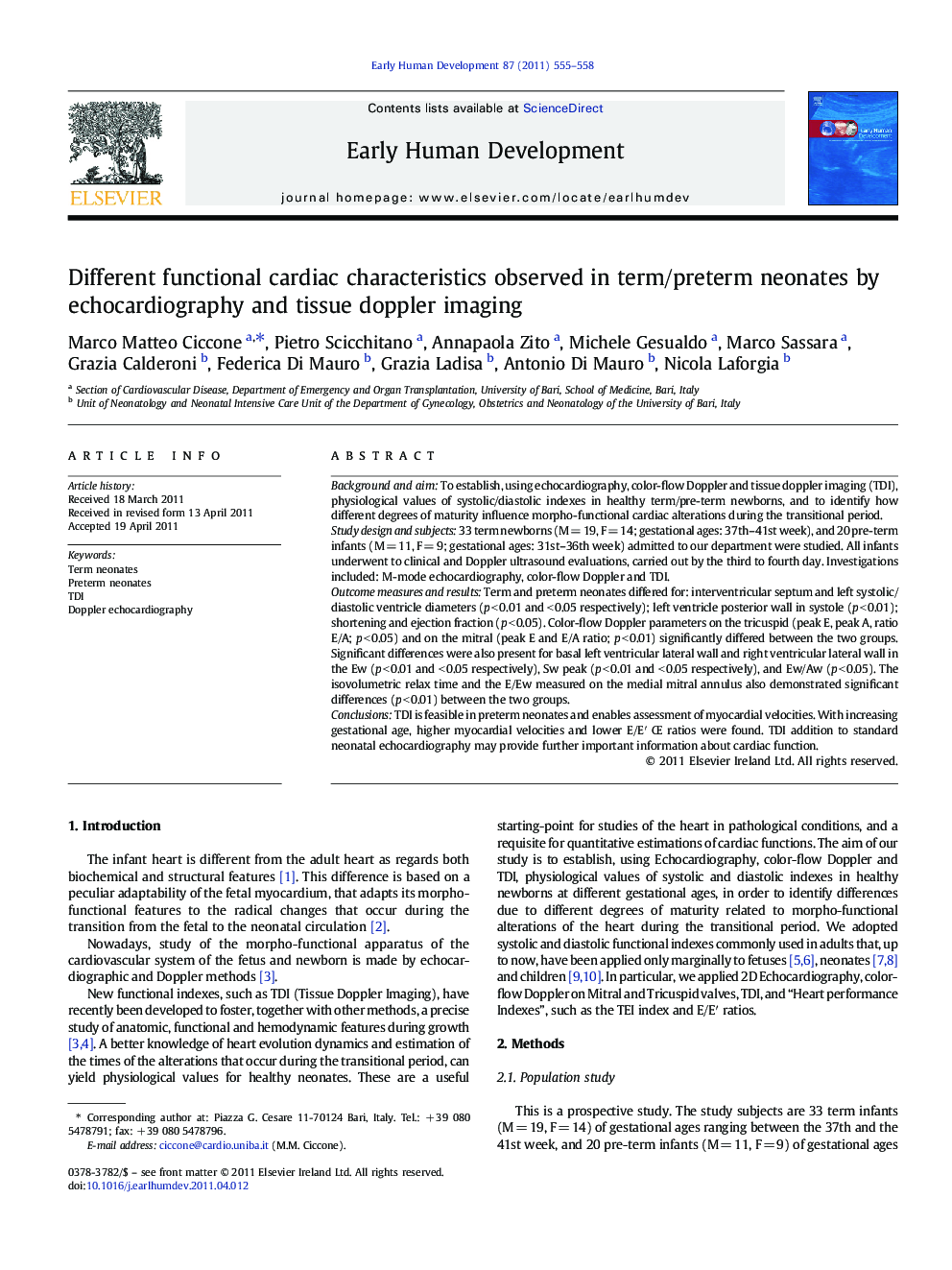 Different functional cardiac characteristics observed in term/preterm neonates by echocardiography and tissue doppler imaging