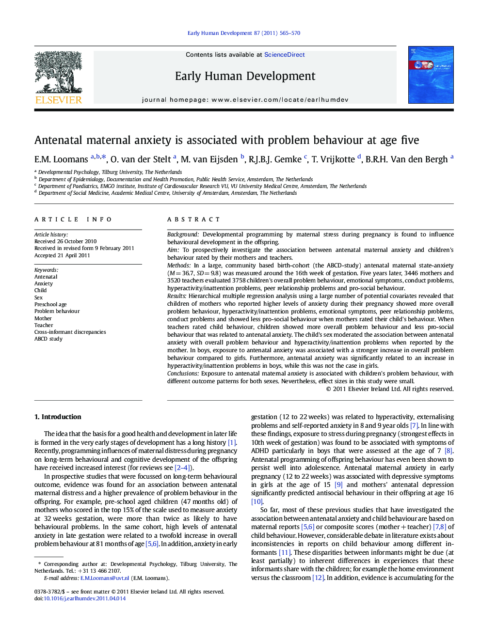 Antenatal maternal anxiety is associated with problem behaviour at age five