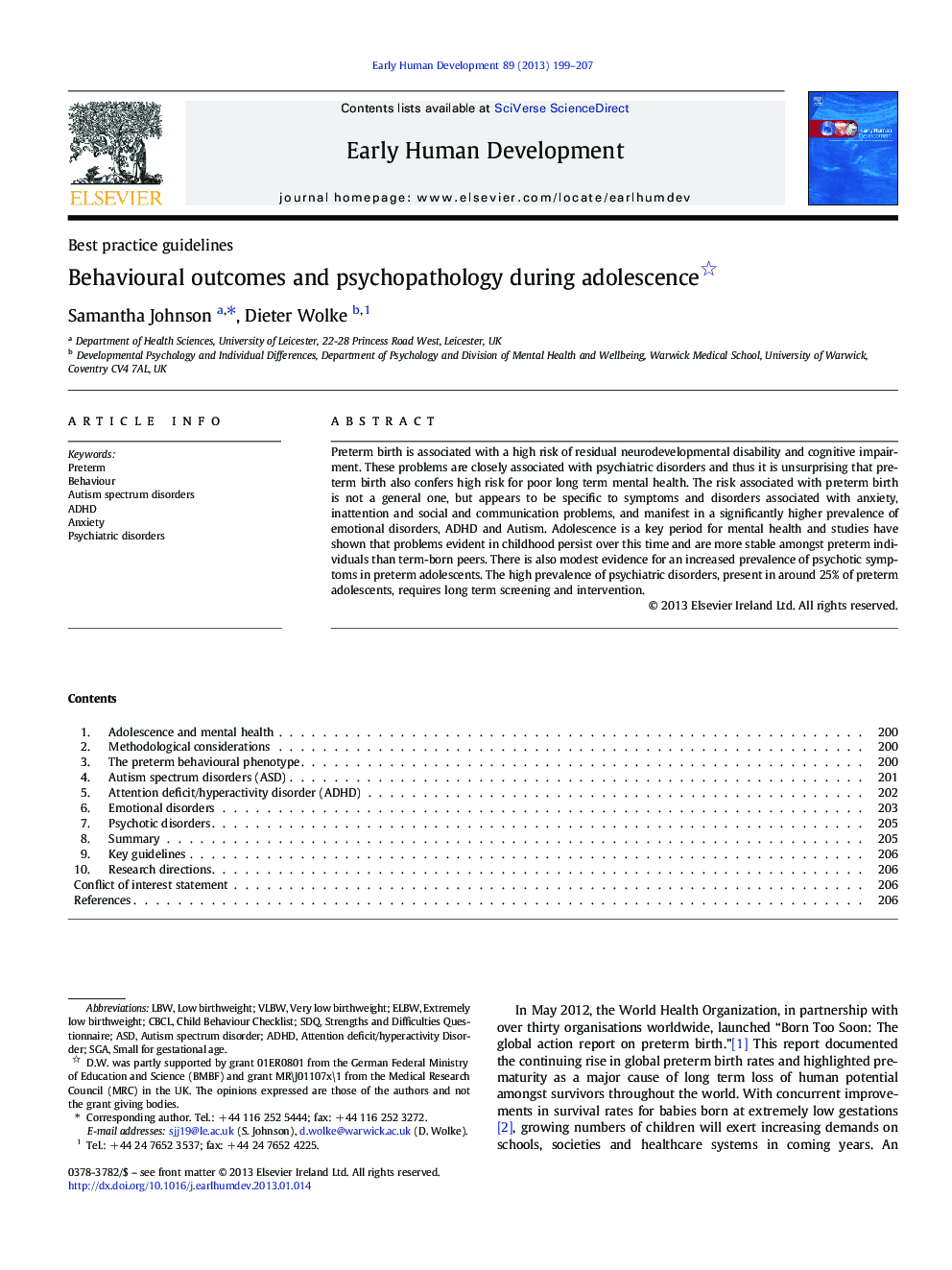 Behavioural outcomes and psychopathology during adolescence 