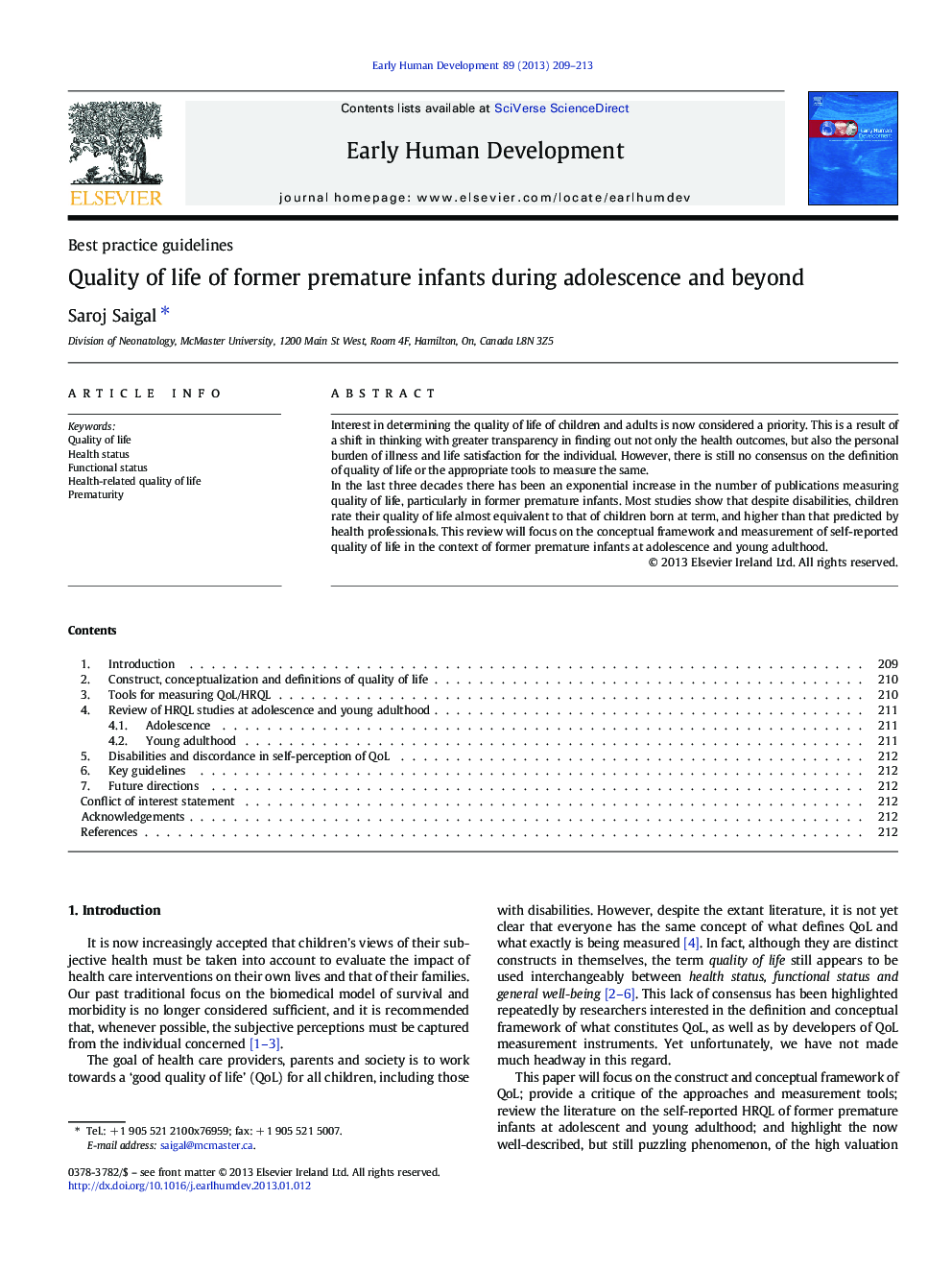 Quality of life of former premature infants during adolescence and beyond