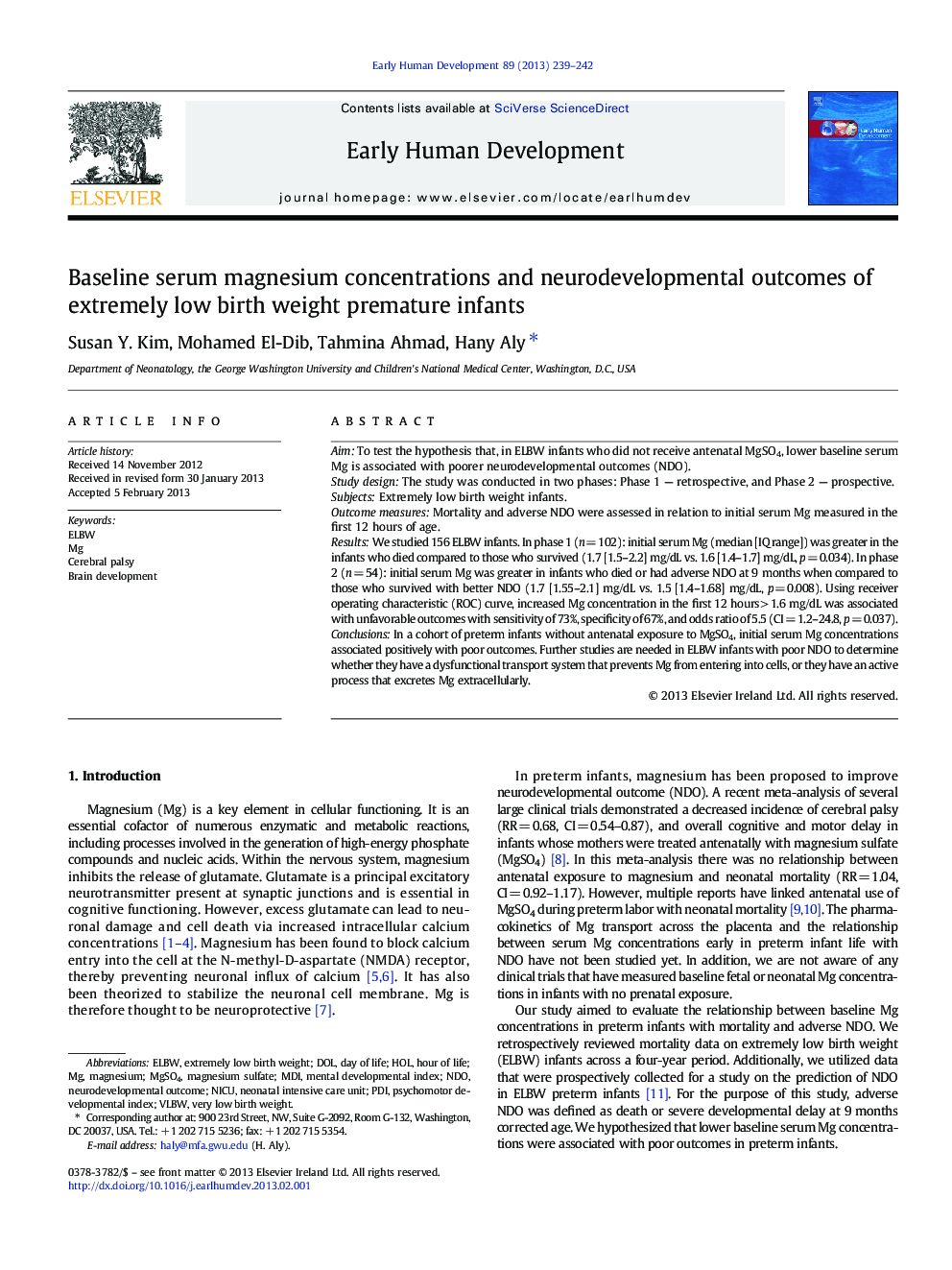 Baseline serum magnesium concentrations and neurodevelopmental outcomes of extremely low birth weight premature infants