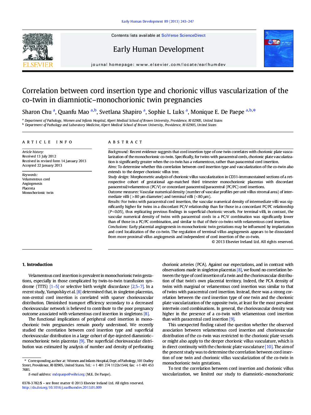 Correlation between cord insertion type and chorionic villus vascularization of the co-twin in diamniotic–monochorionic twin pregnancies