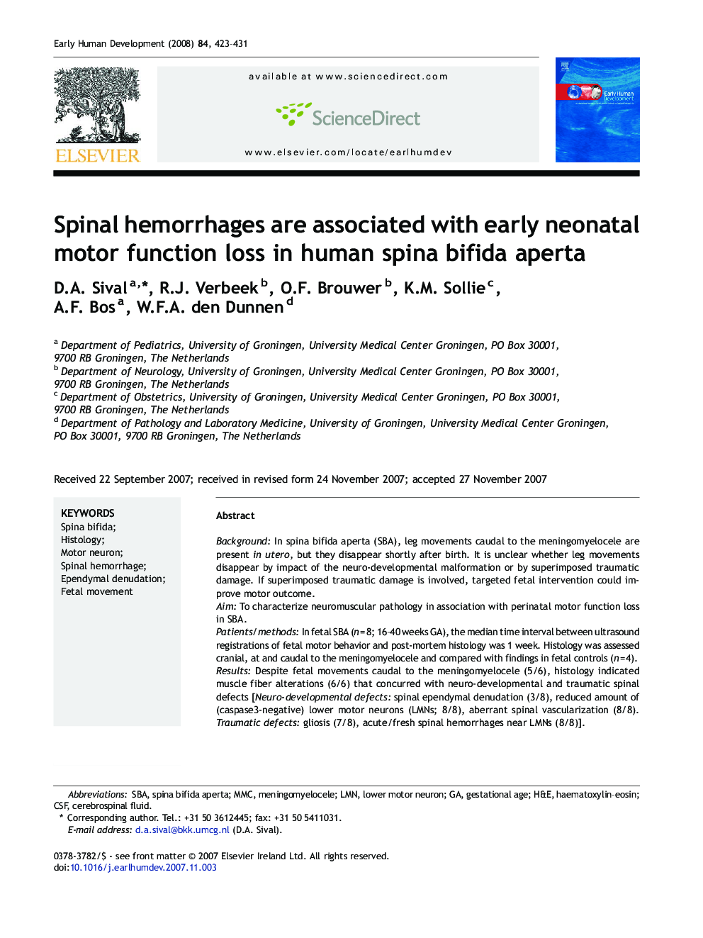 Spinal hemorrhages are associated with early neonatal motor function loss in human spina bifida aperta