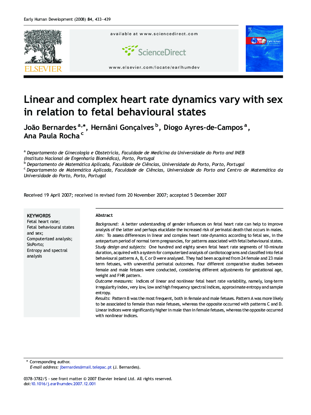 Linear and complex heart rate dynamics vary with sex in relation to fetal behavioural states