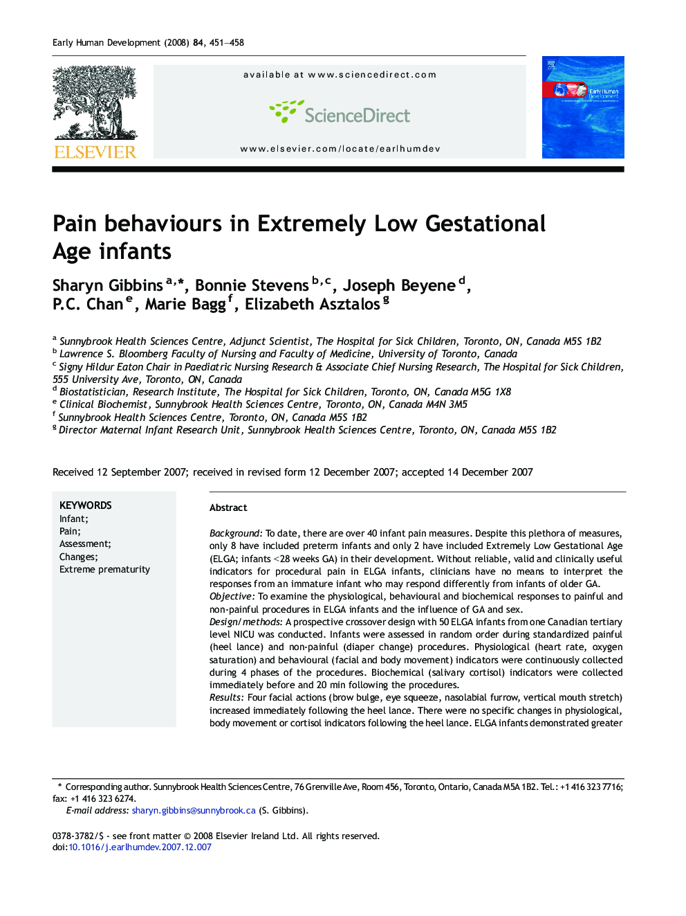 Pain behaviours in Extremely Low Gestational Age infants