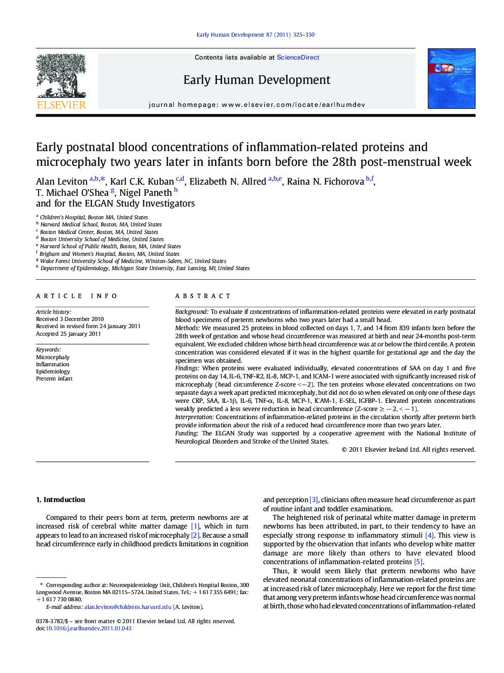 Early postnatal blood concentrations of inflammation-related proteins and microcephaly two years later in infants born before the 28th post-menstrual week