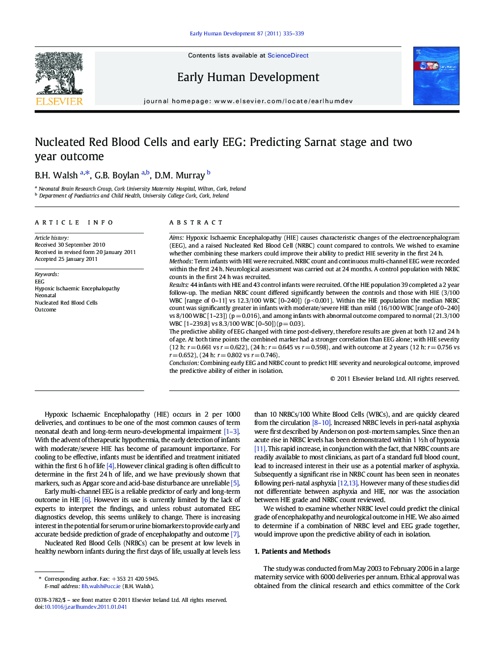 Nucleated Red Blood Cells and early EEG: Predicting Sarnat stage and two year outcome