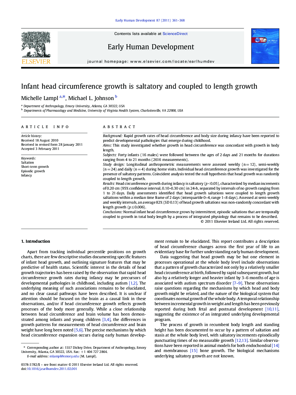 Infant head circumference growth is saltatory and coupled to length growth