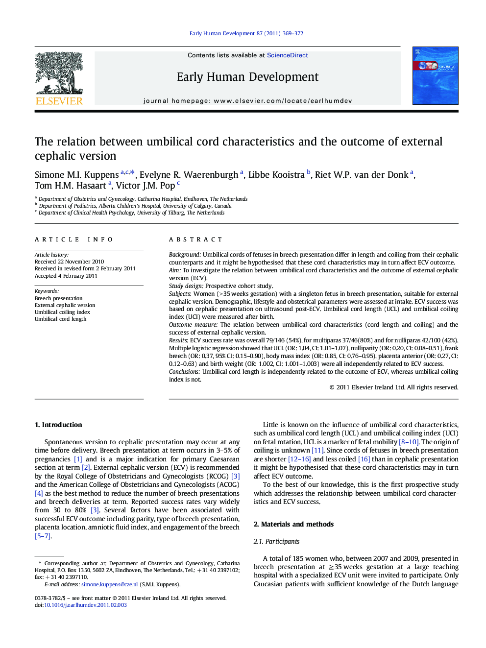 The relation between umbilical cord characteristics and the outcome of external cephalic version