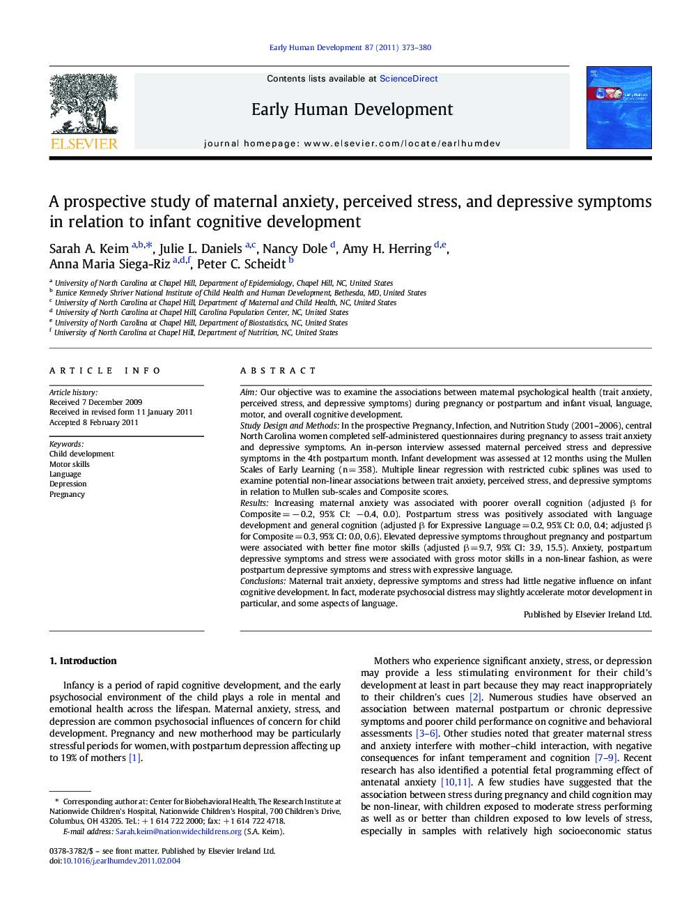 A prospective study of maternal anxiety, perceived stress, and depressive symptoms in relation to infant cognitive development