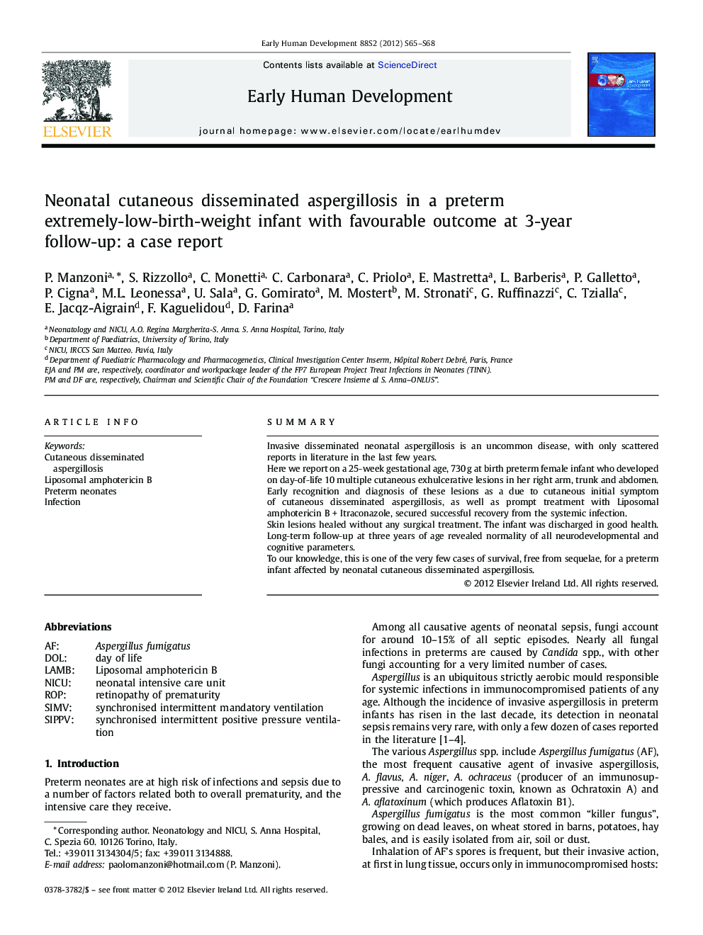 Neonatal cutaneous disseminated aspergillosis in a preterm extremely-low-birth-weight infant with favourable outcome at 3-year follow-up: a case report