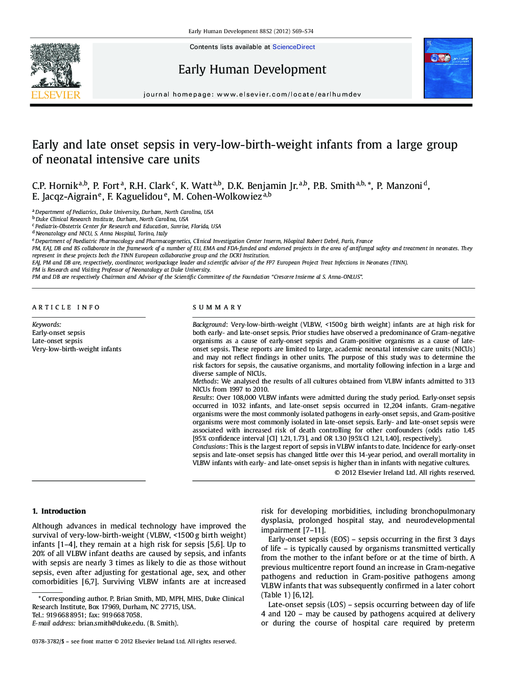 Early and late onset sepsis in very-low-birth-weight infants from a large group of neonatal intensive care units