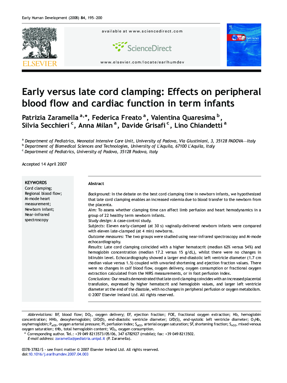 Early versus late cord clamping: Effects on peripheral blood flow and cardiac function in term infants