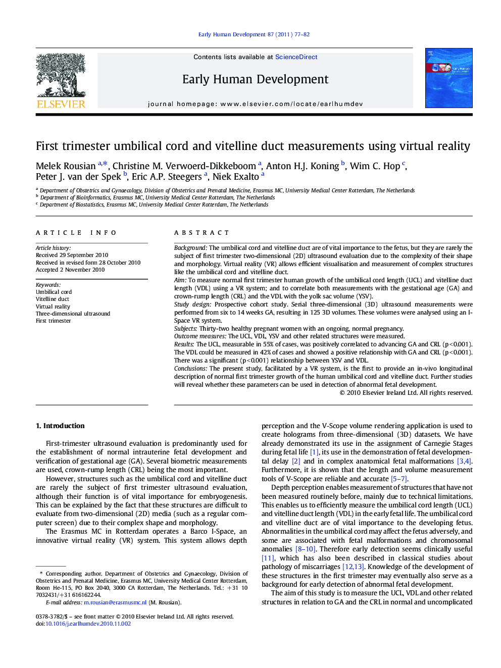 First trimester umbilical cord and vitelline duct measurements using virtual reality