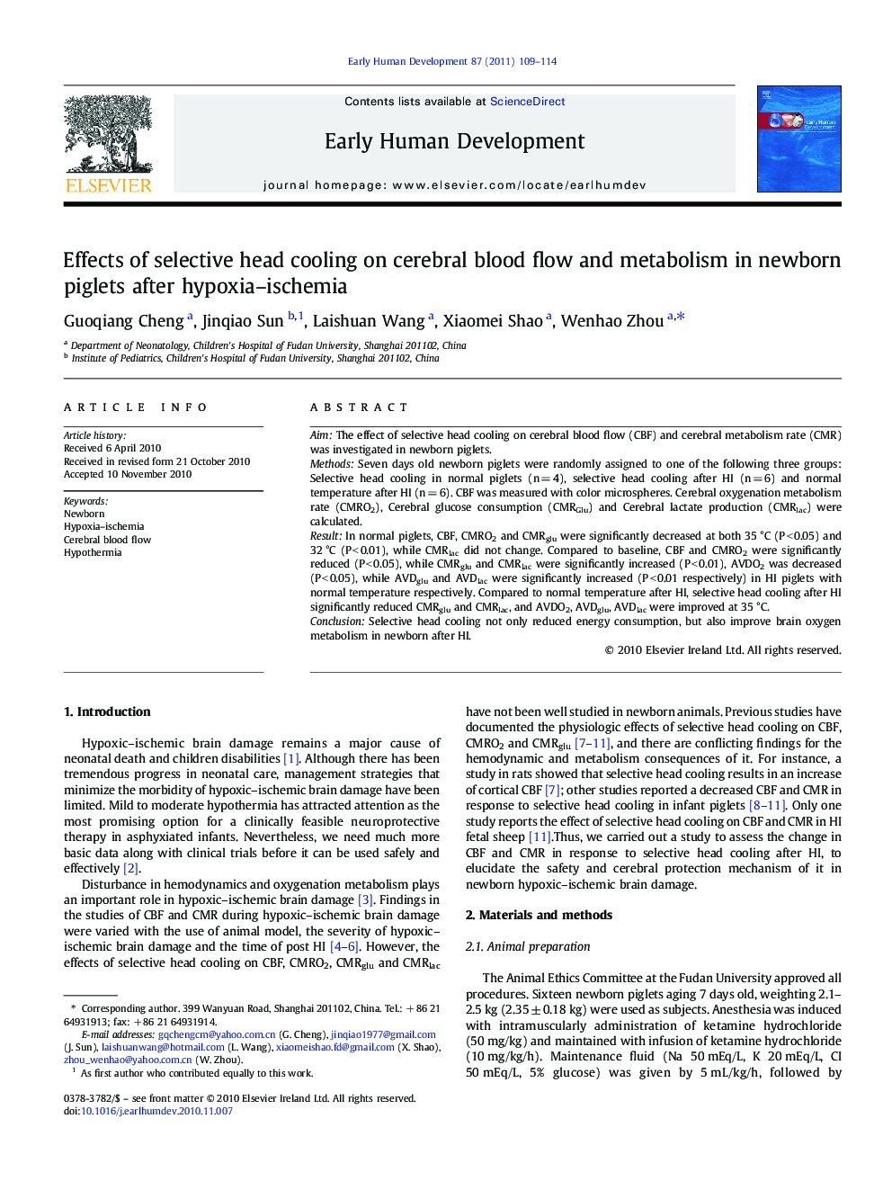 Effects of selective head cooling on cerebral blood flow and metabolism in newborn piglets after hypoxia–ischemia