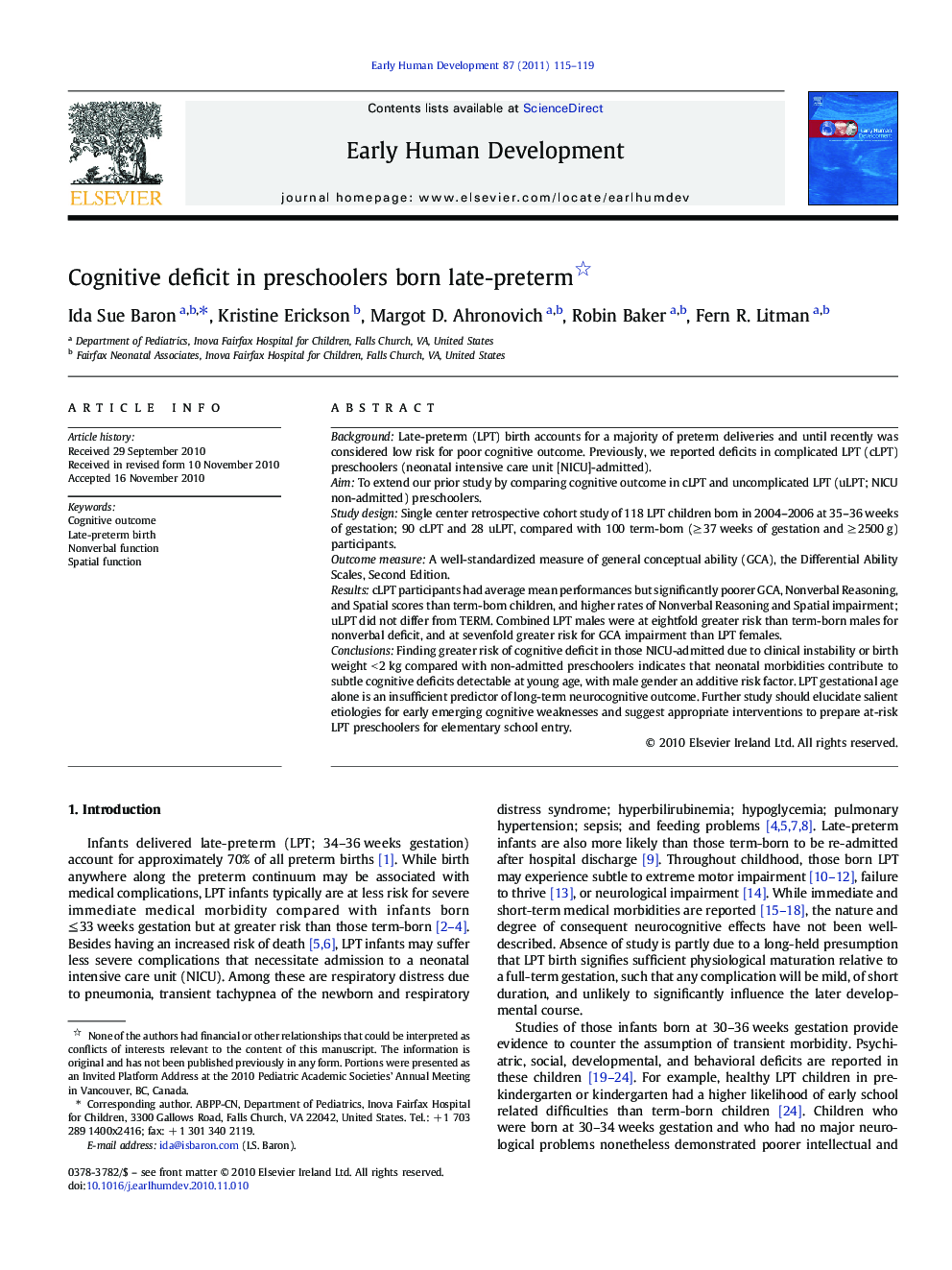 Cognitive deficit in preschoolers born late-preterm 