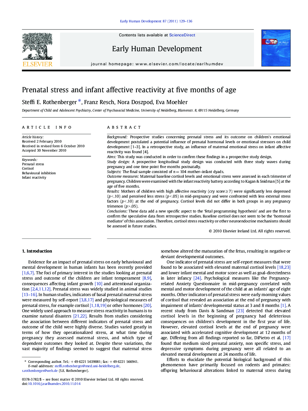 Prenatal stress and infant affective reactivity at five months of age