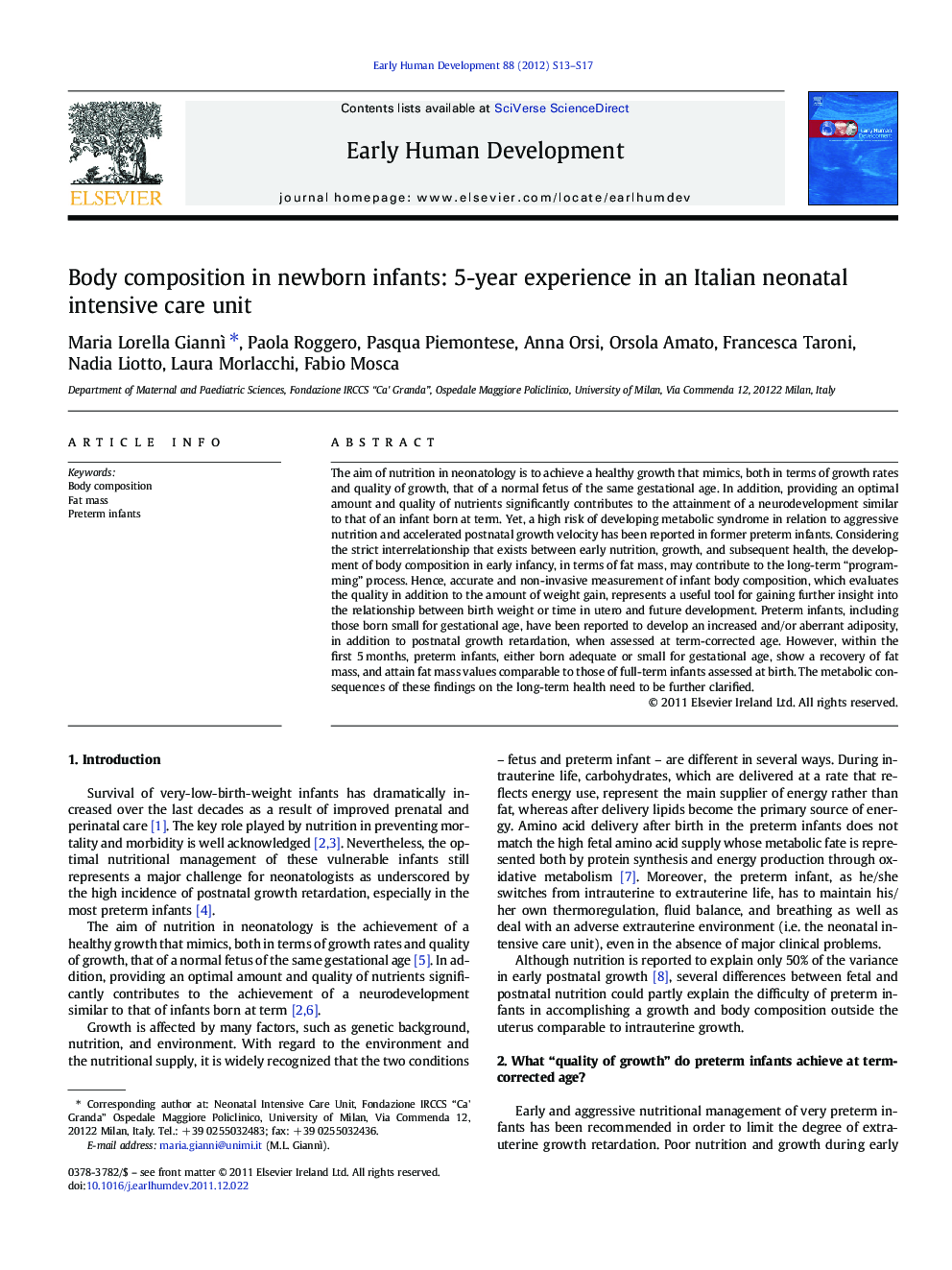 Body composition in newborn infants: 5-year experience in an Italian neonatal intensive care unit