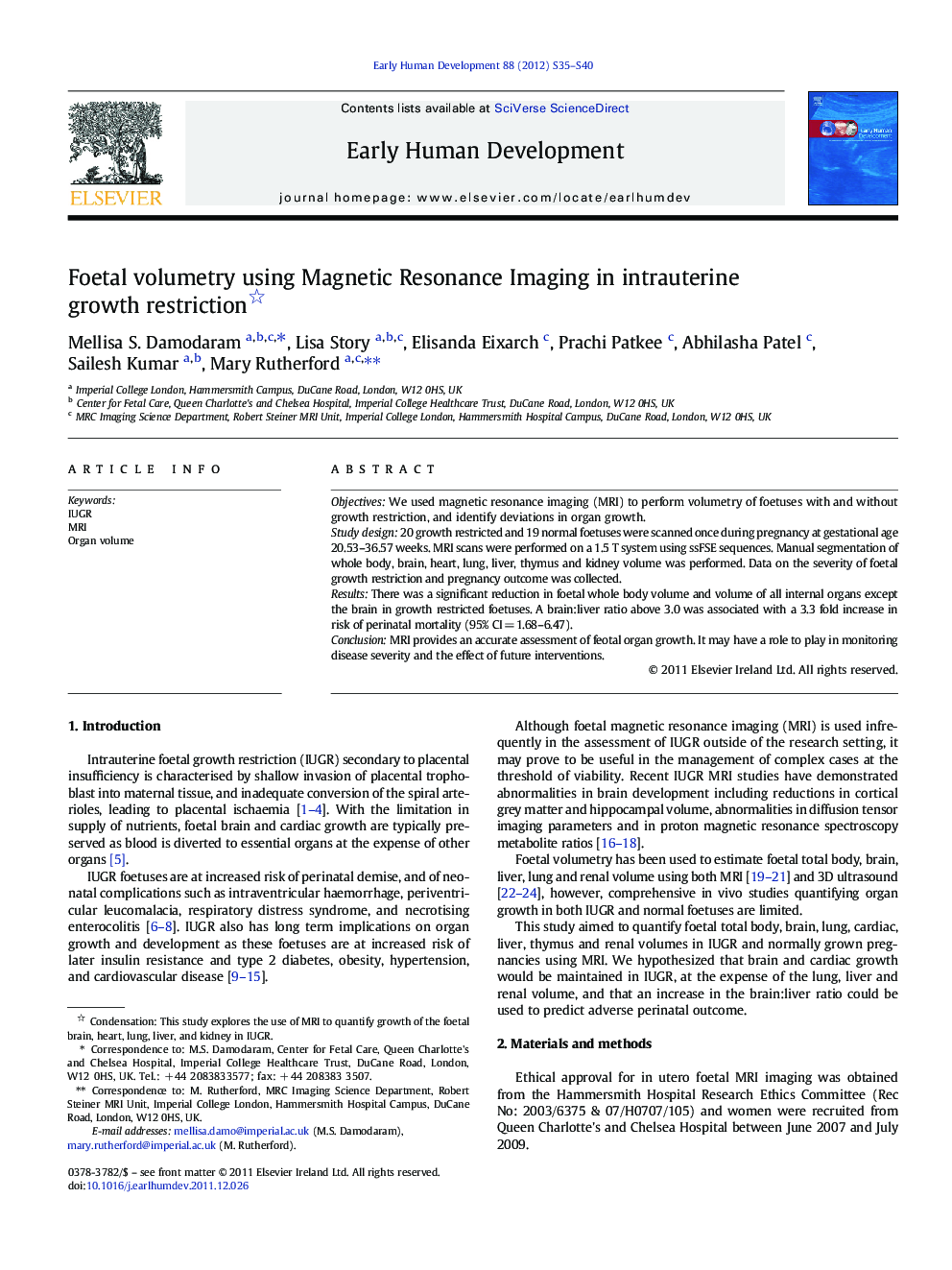 Foetal volumetry using Magnetic Resonance Imaging in intrauterine growth restriction 