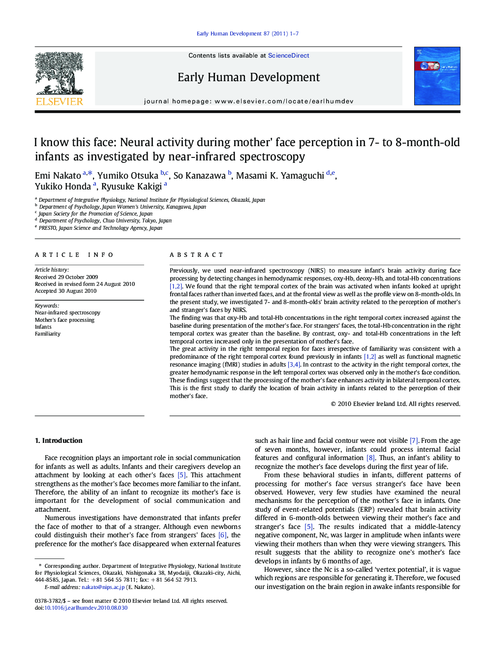 I know this face: Neural activity during mother' face perception in 7- to 8-month-old infants as investigated by near-infrared spectroscopy