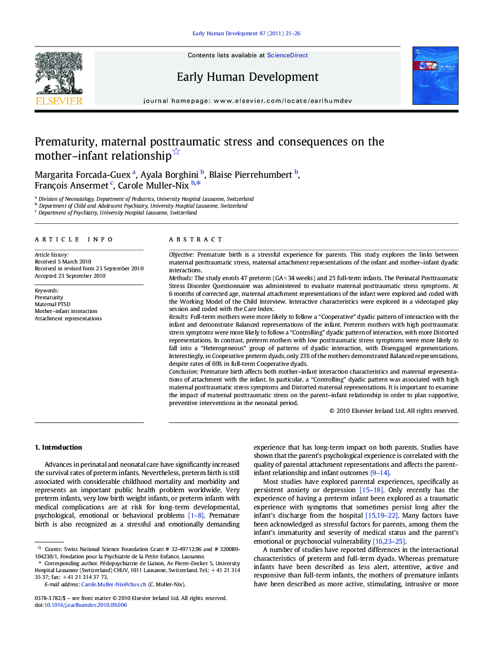 Prematurity, maternal posttraumatic stress and consequences on the mother–infant relationship 