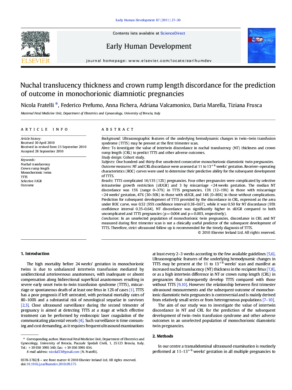 Nuchal translucency thickness and crown rump length discordance for the prediction of outcome in monochorionic diamniotic pregnancies