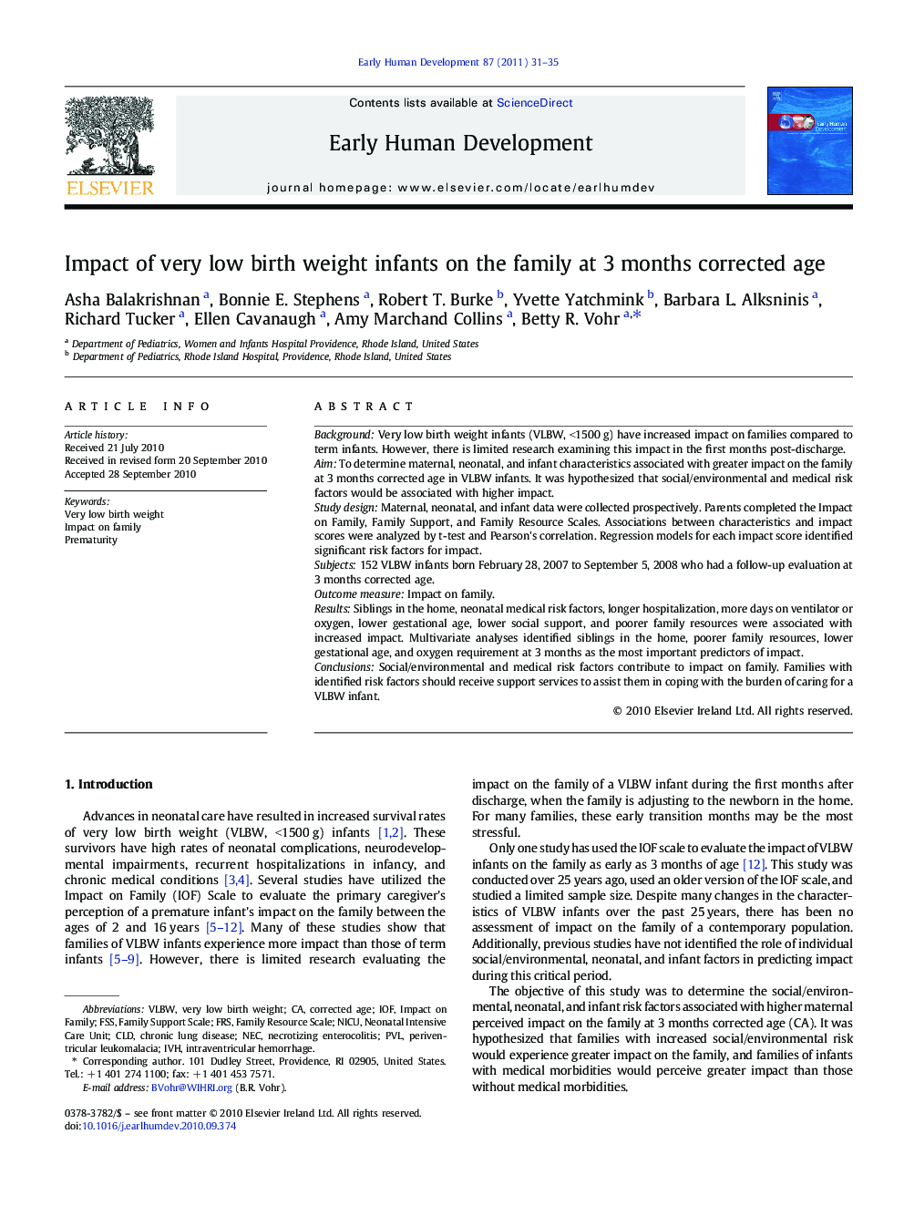 Impact of very low birth weight infants on the family at 3 months corrected age