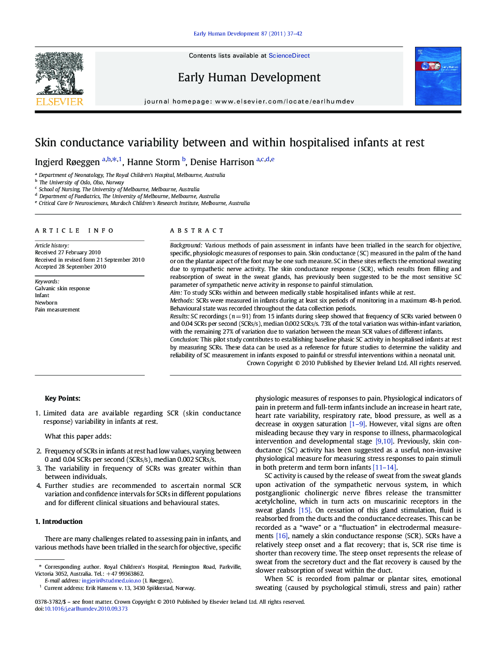 Skin conductance variability between and within hospitalised infants at rest