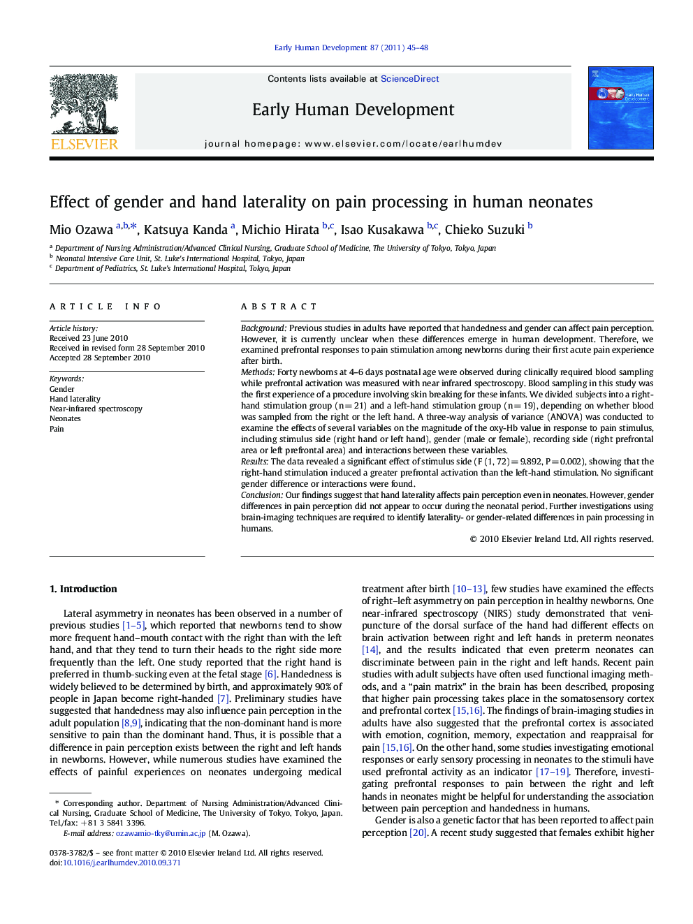 Effect of gender and hand laterality on pain processing in human neonates