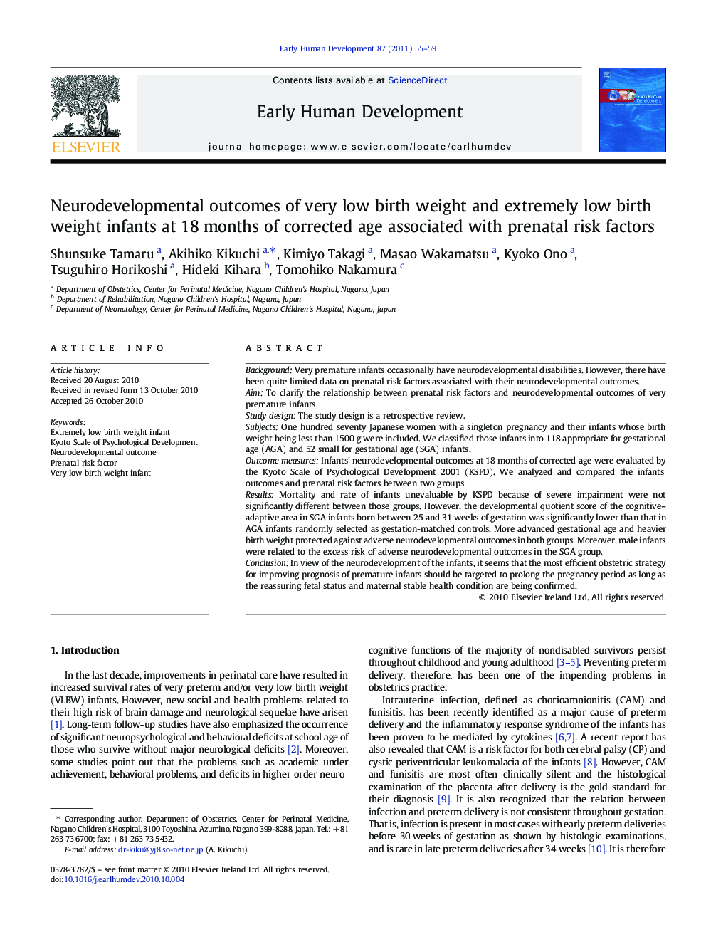 Neurodevelopmental outcomes of very low birth weight and extremely low birth weight infants at 18 months of corrected age associated with prenatal risk factors