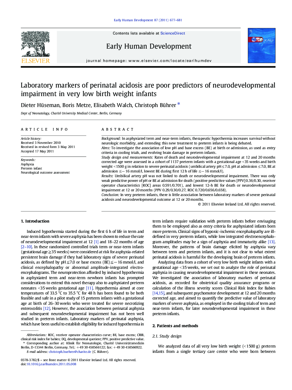 Laboratory markers of perinatal acidosis are poor predictors of neurodevelopmental impairment in very low birth weight infants