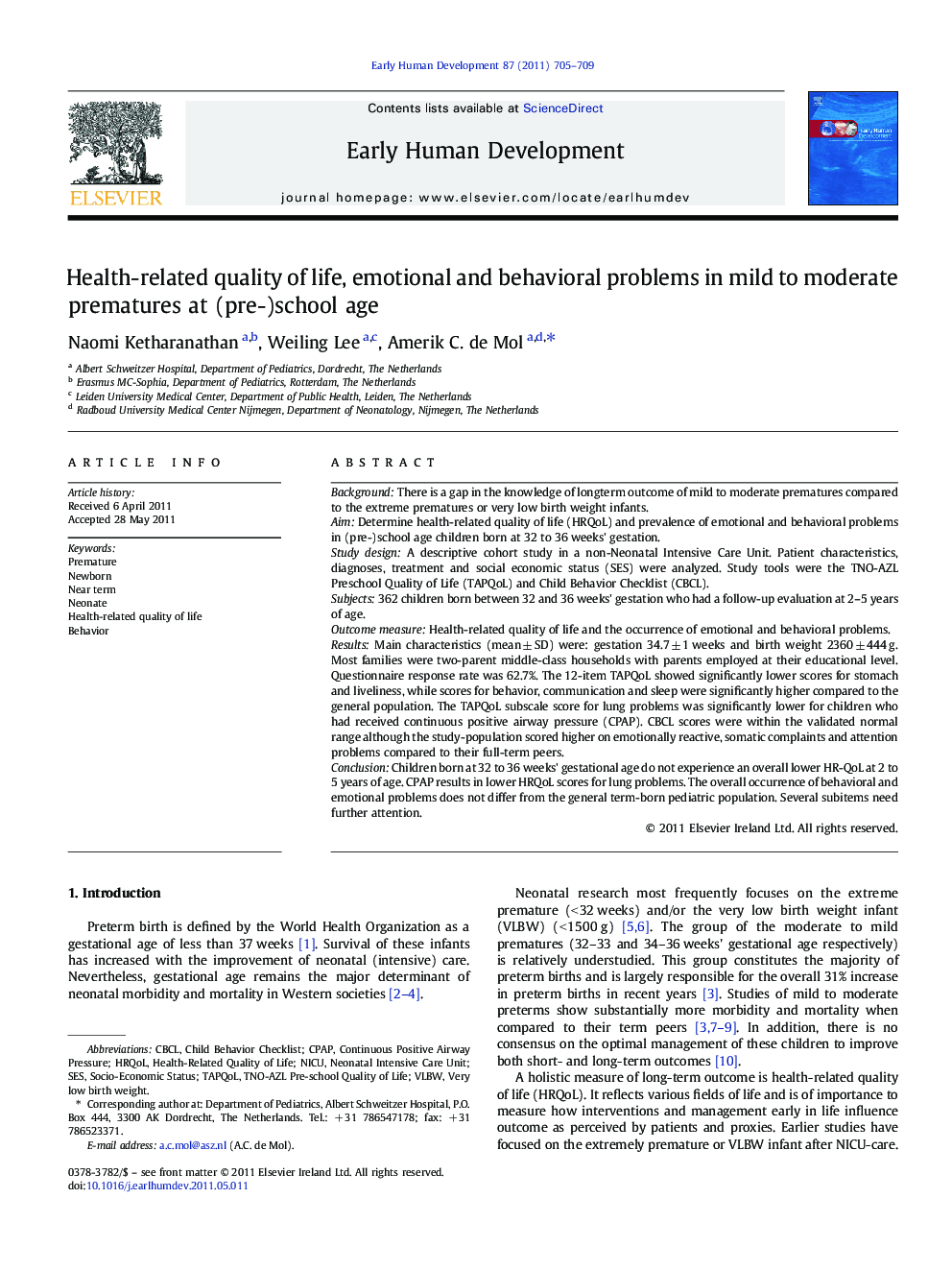 Health-related quality of life, emotional and behavioral problems in mild to moderate prematures at (pre-)school age