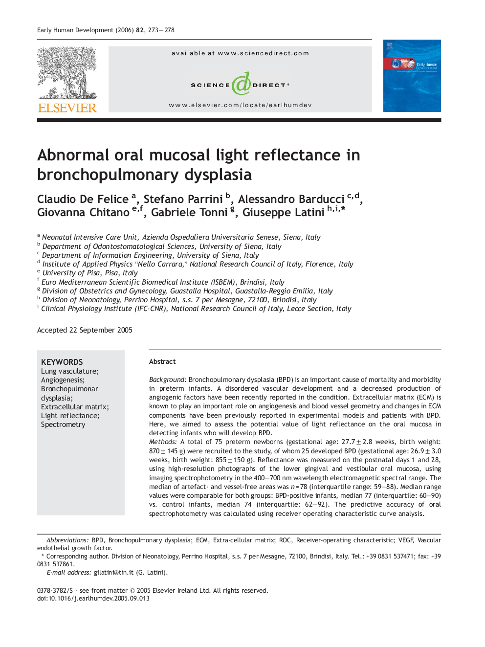 Abnormal oral mucosal light reflectance in bronchopulmonary dysplasia