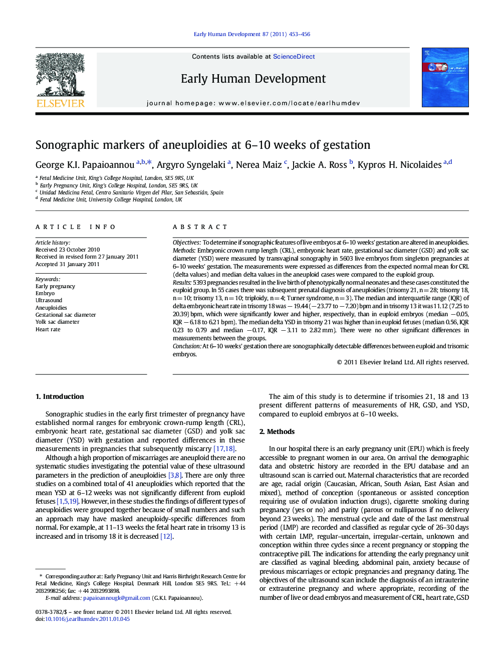 Sonographic markers of aneuploidies at 6–10 weeks of gestation